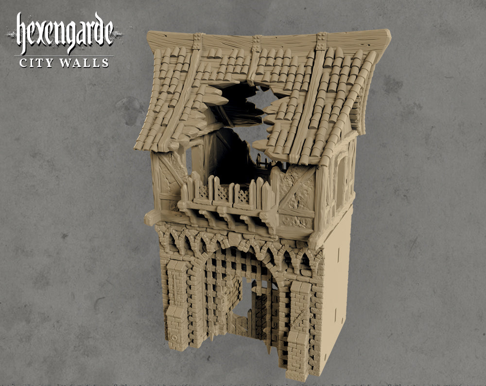 3D-gedrucktes, modulares Ruinen-Torhaus (Ruined Gatehouse) aus FDA-zertifiziertem PLA, passend für Tabletop-Spiele in 28/32 mm.