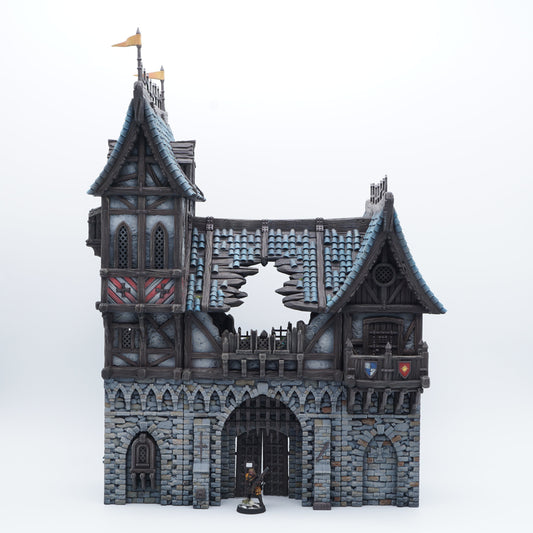 3D-gedrucktes, modular aufgebautes erweitertes Ruinen-Torhaus (Gatehouse Extended) aus FDA-zertifiziertem PLA, passend für Tabletop-Spiele in 28/32 mm.