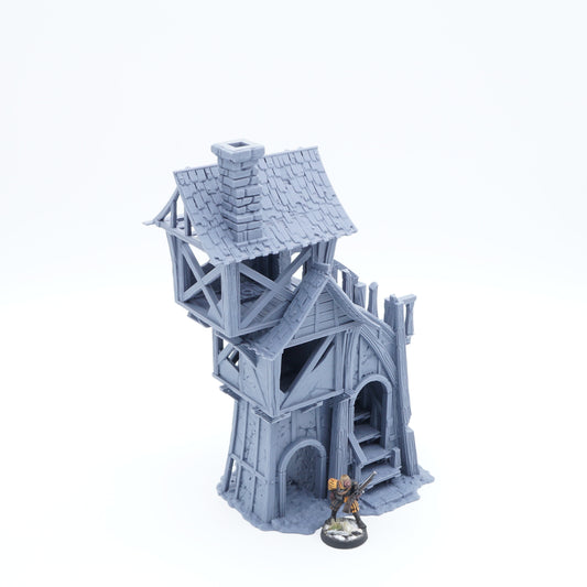 3D-gedrucktes Turm-Ruinenhäuschen mit Treppenaufgang aus FDA-zertifiziertem PLA, im Stecksystem, passend für Tabletop-Spiele in 28/32 mm.