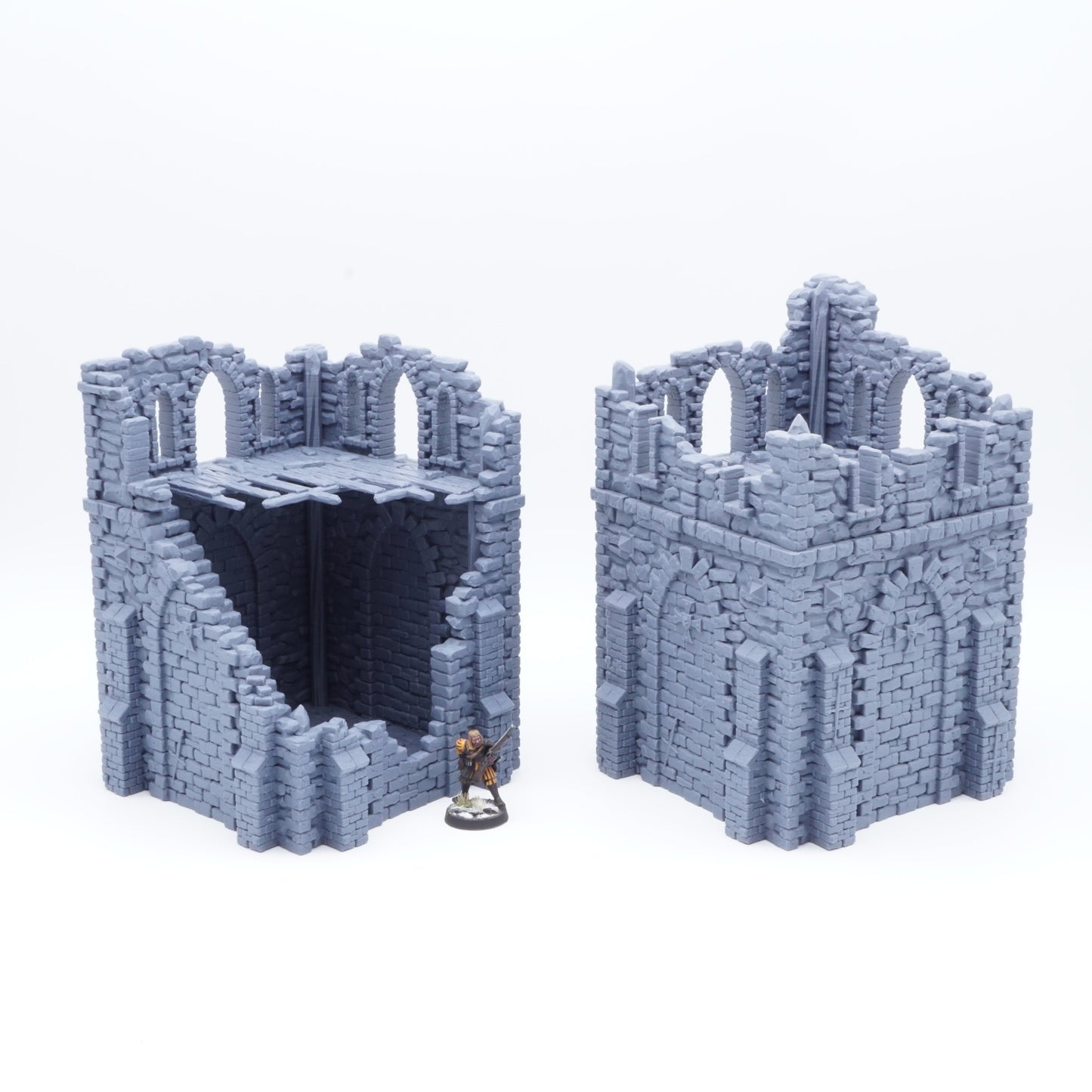 3D-gedruckter, modularer Ruineneckturm (Ruined Corner-Tower) aus FDA-zertifiziertem PLA, passend für Tabletop-Spiele in 28/32 mm.