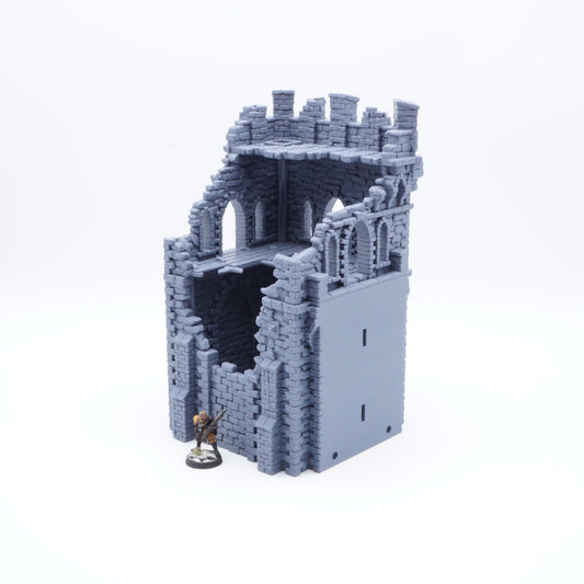 3D-gedruckter, modularer Ruinen-T-Turm (Ruined T-Tower) aus FDA-zertifiziertem PLA, passend für Tabletop-Spiele in 28/32 mm.