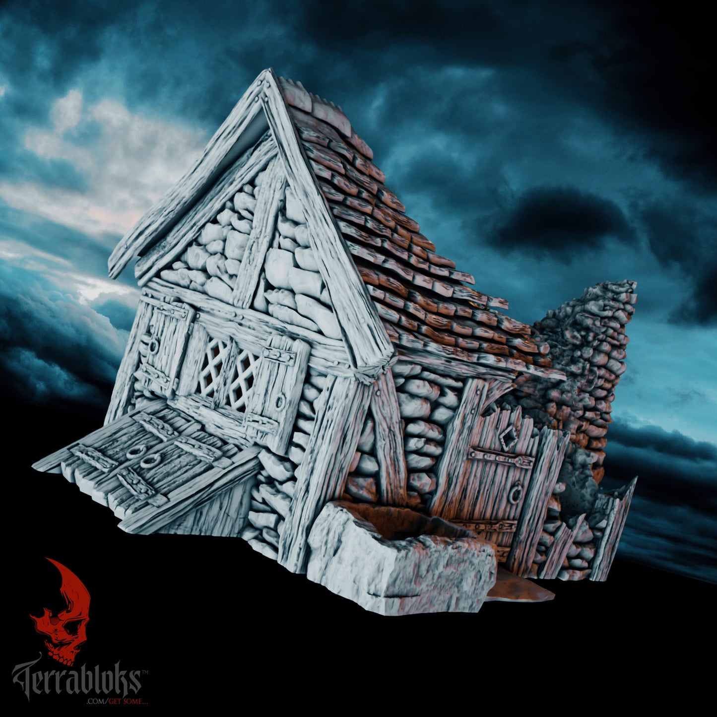 3D-gedruckte Ruine des The Granny's Cottage aus FDA-zertifiziertem PLA, im Stecksystem, passend für Tabletop-Spiele in 28/32 mm.