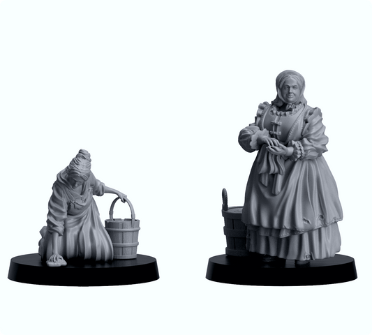 Resin-Tabletop-Figuren "Cleaning Ladies" im Maßstab 28/32 mm, detailreich gestaltet für Miniatur- und Strategiespiele