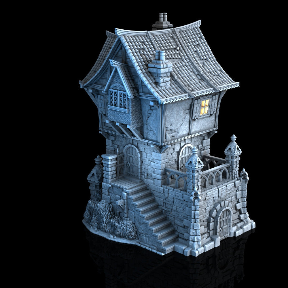 3D-gedruckte Tombstone Residence mit erhöhtem Eingang, unterem Eingang und steinernen Terrasse aus FDA-zertifiziertem PLA, im Stecksystem, passend für Tabletop-Spiele in 28/32 mm.