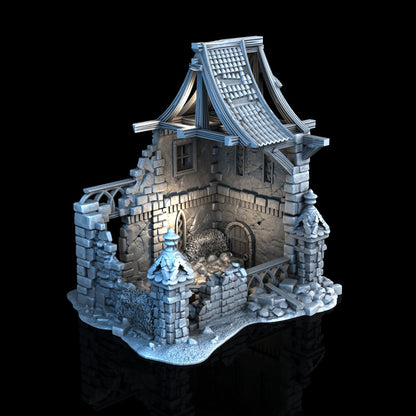 3D-gedruckte Steinhaus-Ruine mit kunstvollen Säulen aus FDA-zertifiziertem PLA, im Stecksystem, passend für Tabletop-Spiele in 28/32 mm.