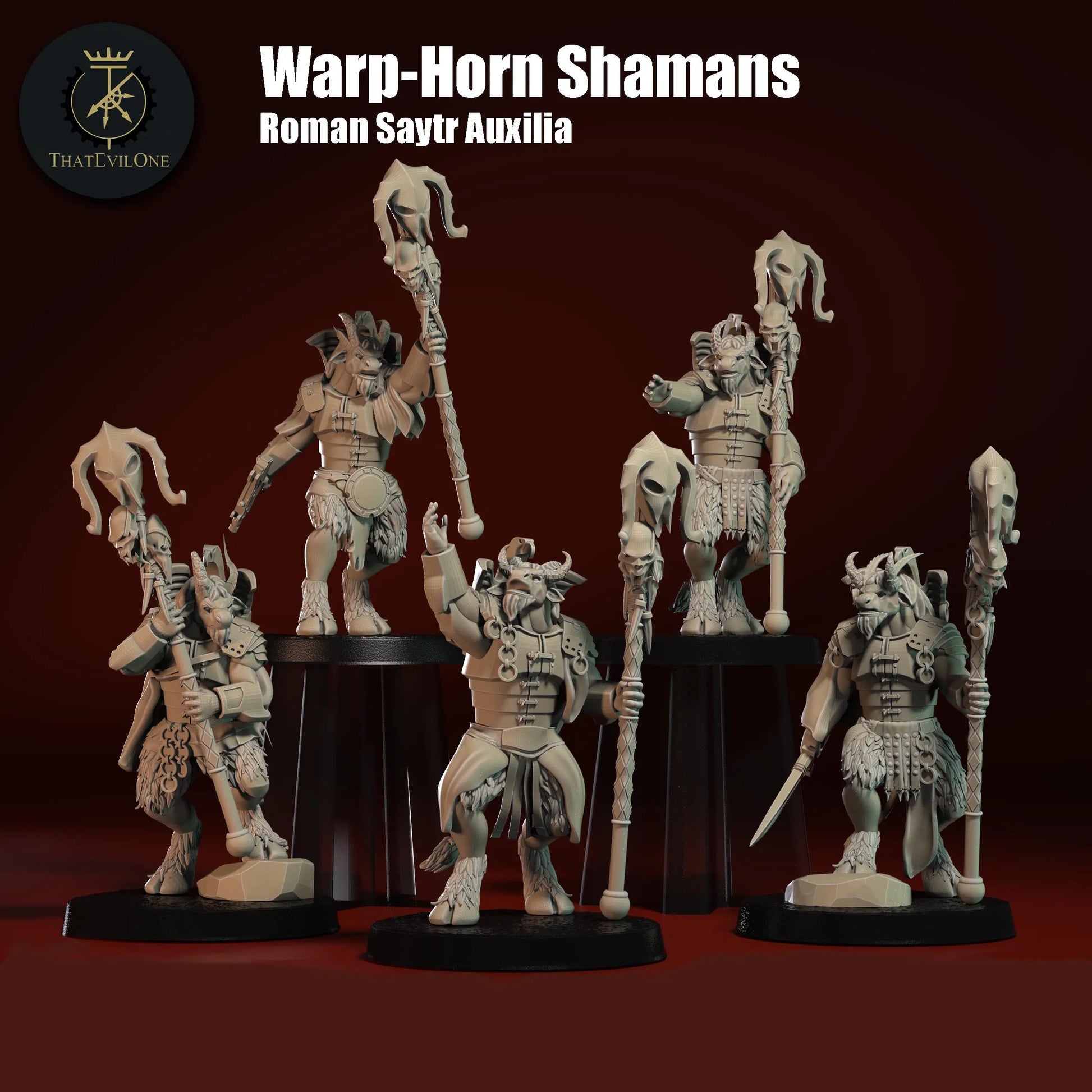 Resin-Tabletop-Figuren "Warp-Horn Shamans" im Maßstab 28/32 mm, detailreich gestaltet für Miniatur- und Strategiespiele.