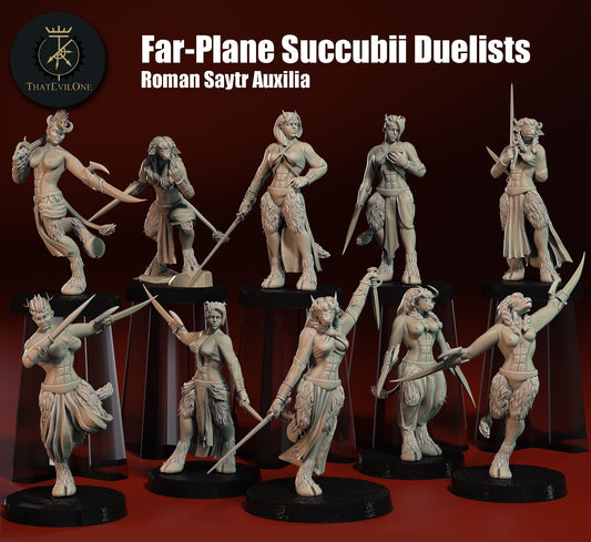 Resin-Tabletop-Figuren "Far-Plane Succubii Duelists" im Maßstab 28/32 mm, detailreich gestaltet für Miniatur- und Strategiespiele.