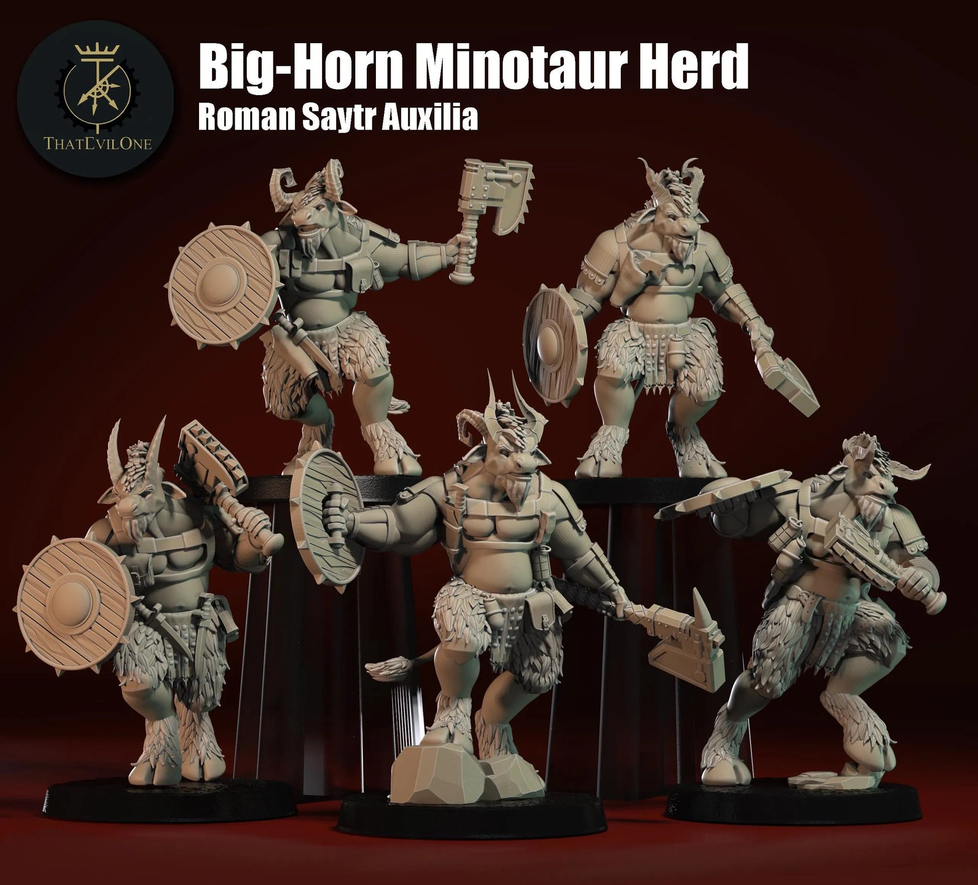 Resin-Tabletop-Figuren "Big-Horn Minotaur Herd" im Maßstab 28/32 mm, detailreich gestaltet für Miniatur- und Strategiespiele.