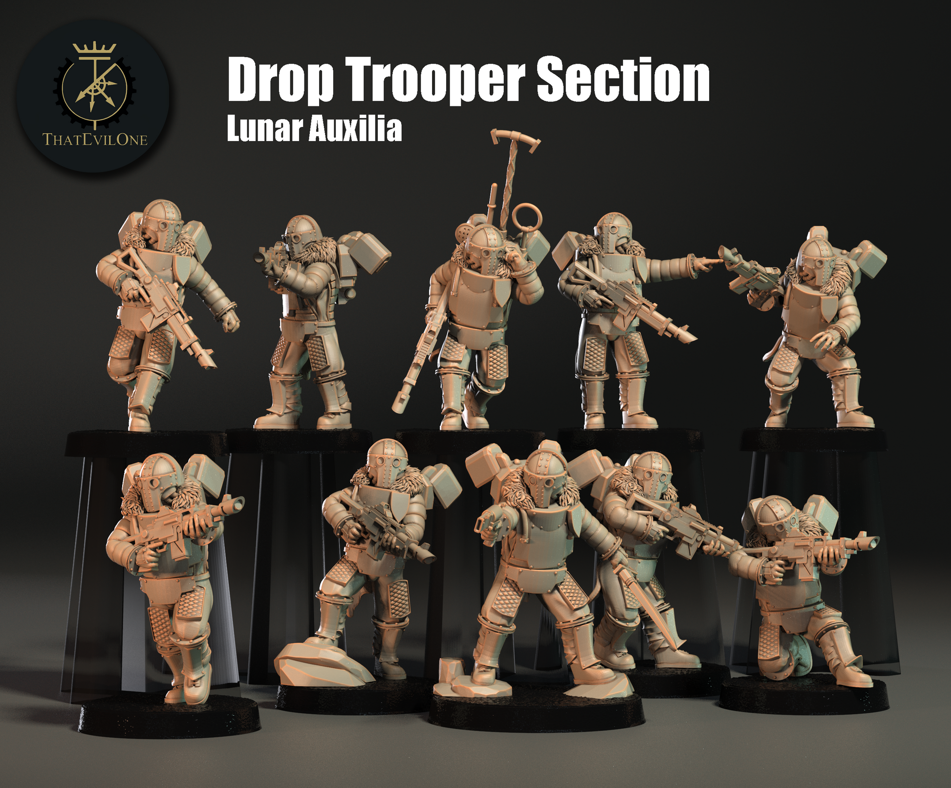 Resin-Tabletop-Figur "Lunar Auxilia Drop Trooper Section" im Maßstab 28/32 mm, detailreich gestaltet für Miniatur- und Strategiespiele.