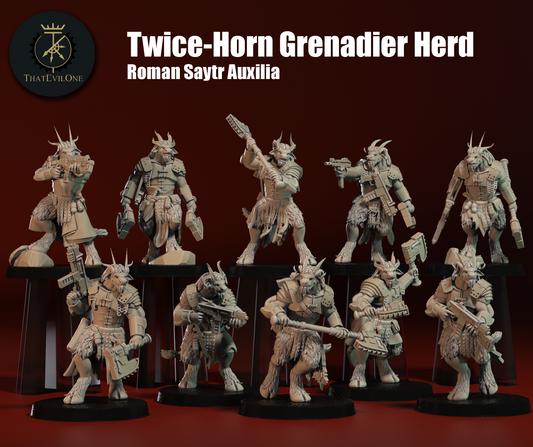 Resin-Tabletop-Figuren "Twice-Horn Grenadier Herd" im Maßstab 28/32 mm, detailreich gestaltet für Miniatur- und Strategiespiele.