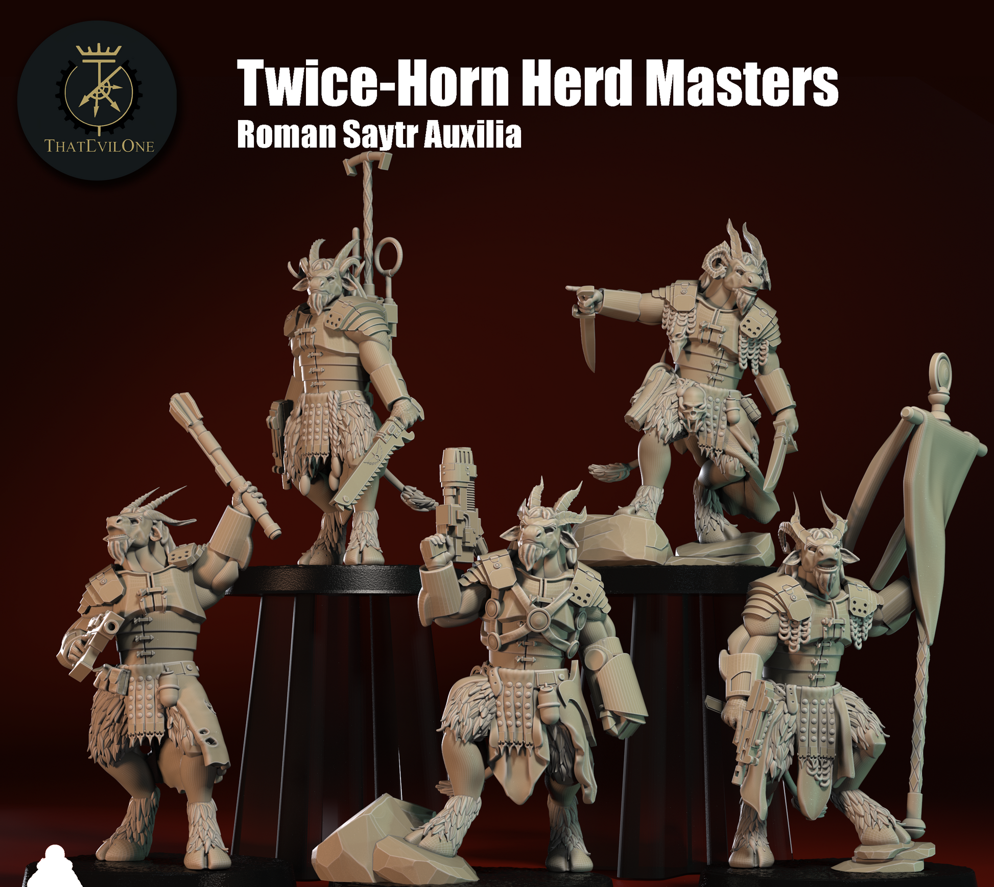 Resin-Tabletop-Figuren "Twice-Horn Herd Masters" im Maßstab 28/32 mm, detailreich gestaltet für Miniatur- und Strategiespiele.