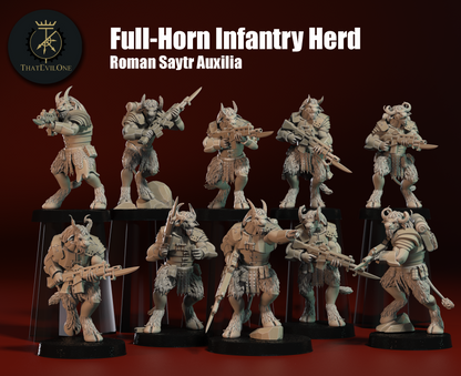 Resin-Tabletop-Figuren "Full-Horn Infantry Herd" im Maßstab 28/32 mm, detailreich gestaltet für Miniatur- und Strategiespiele.